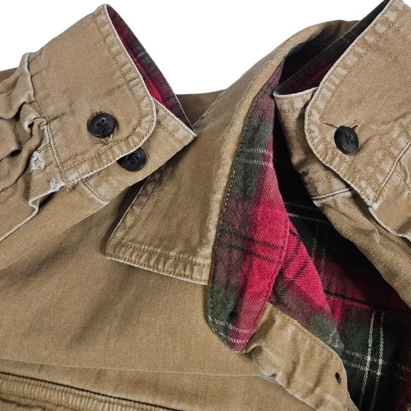 Vtg LL Bean Flannel Lined Canvas Shirt Jacket Mens LTan Khaki Plaid Lining - Picture 4 of 8